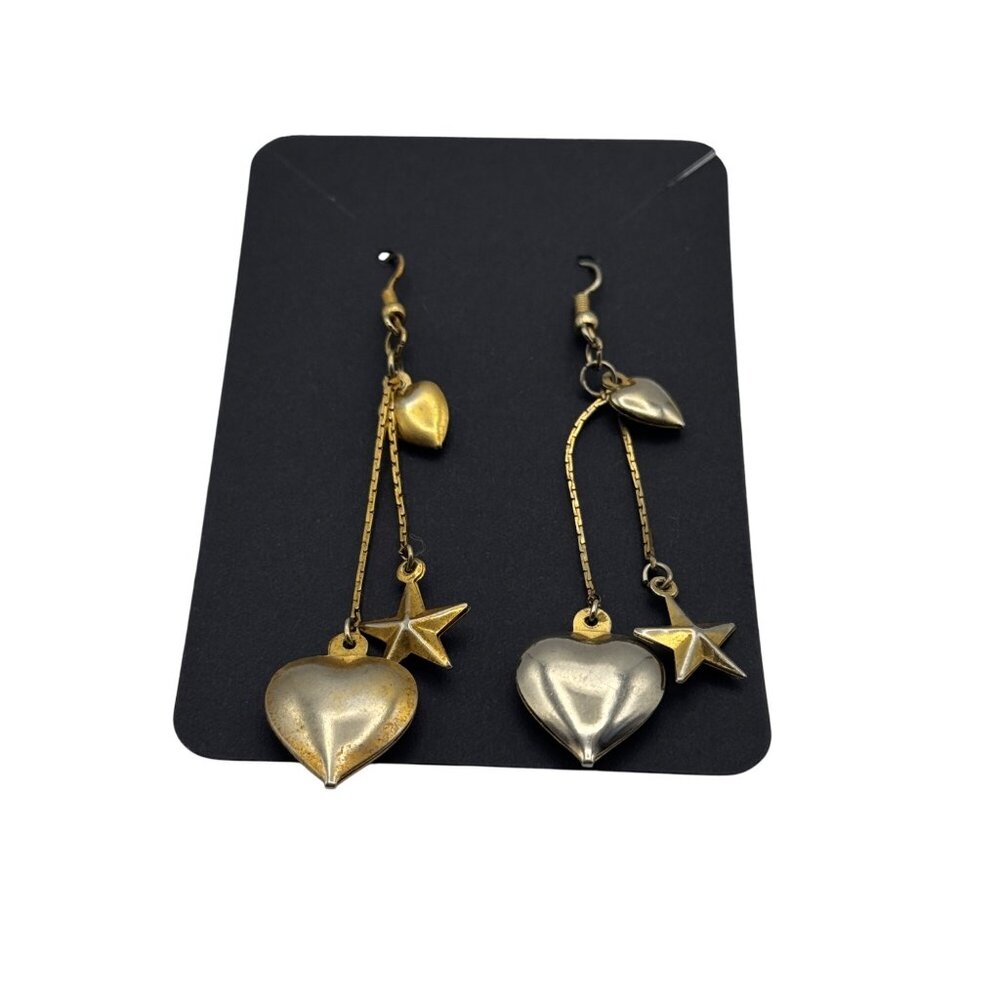 Goldtone Heart Star Charm Dangle Earrings Lightweight Pierced Hook Fastening